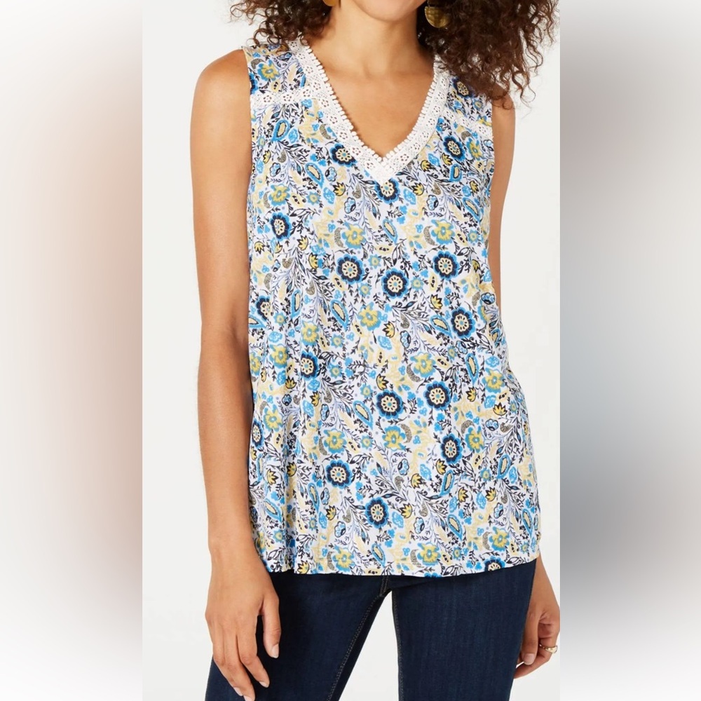 Style & Co. Sleeveless Floral pattern Blue/Yellow/Black/Beige Top in Size Medium